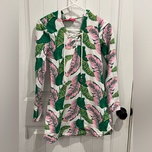 Macbeth Collection Tropical Lace-Up Hooded cover up - Pink & Green Leaf Print S